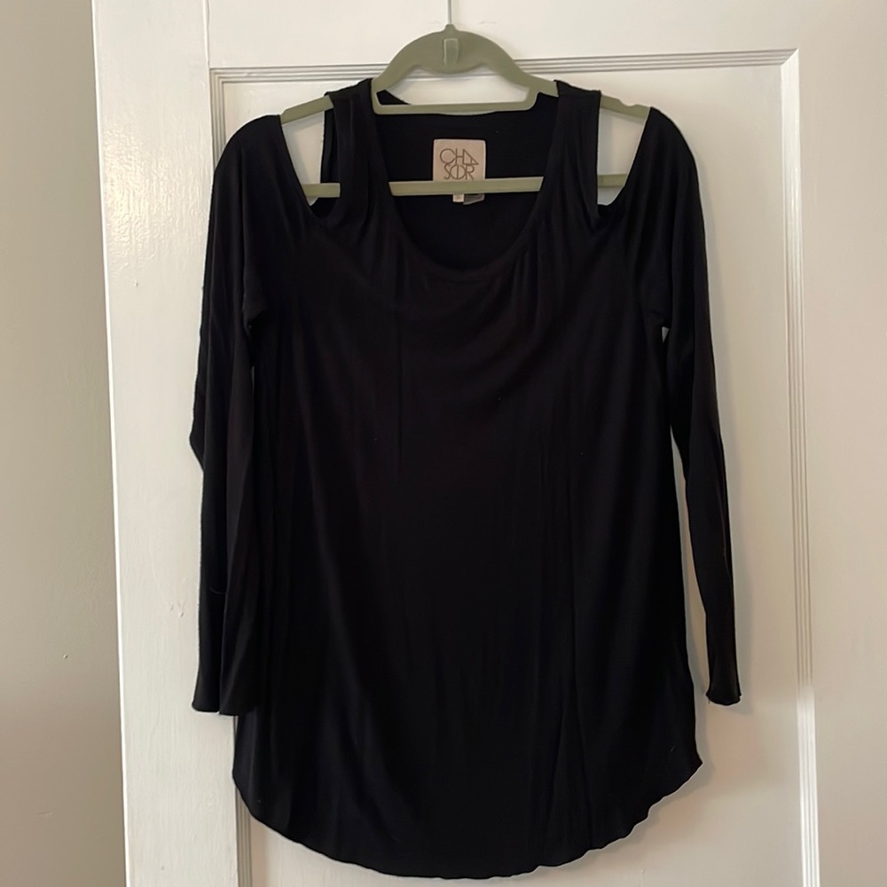 Women’s black long sleeve shirt with shoulder cut offs